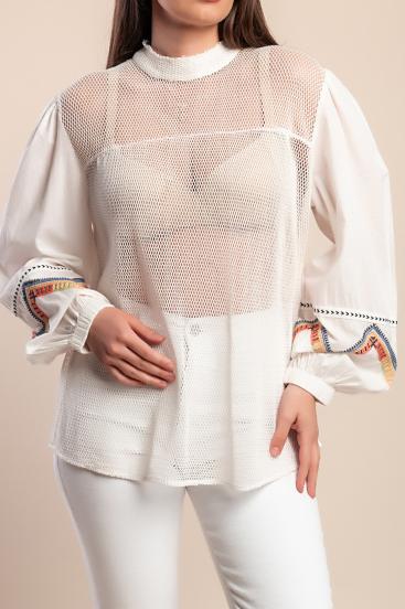 Bombažna mrežasta bluza, bela