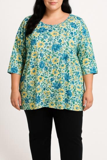 Plus size bluza s cvetličnim potiskom, modra
