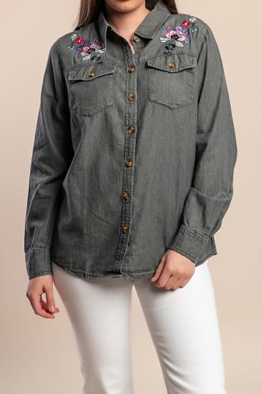 Plus size denim srajca z vezenino, siva
