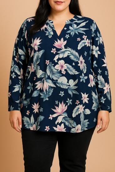 Plus size bluza s cvetličnim potiskom, temno modra