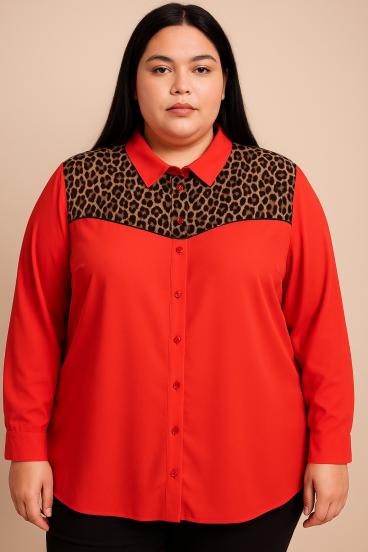 Plus size bluza z leopardjim potiskom, rdeča
