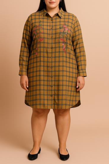 Plus size srajca s karo potiskom, rjava