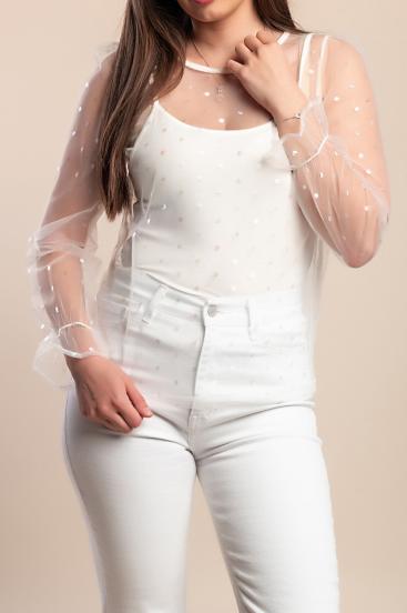 Plus size prosojna majica z dolgimi rokavi, bela