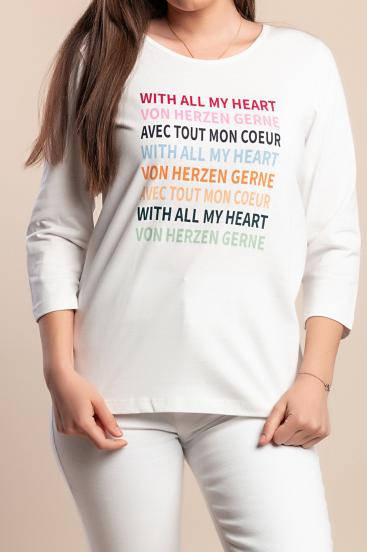 Plus size bombažna majica s potiskom, bela