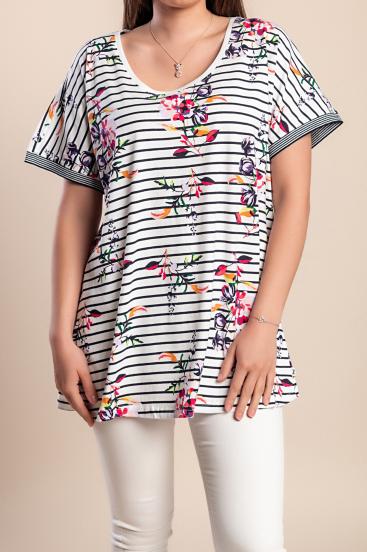 Plus size majica s črtastim potiskom, bela