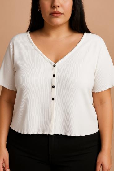 Plus size bombažna majica z gumbi, bela