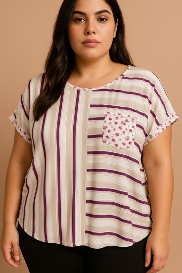 Plus size top s črtastim potiskom, bež