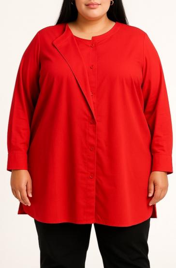 Plus size bombažna bluza z gumbi, rdeča