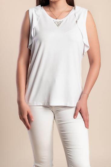 Plus size bluza brez rokavov z okrasnim detajlom, bela