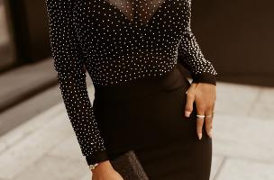Elegantna mini obleka z okrasnimi kamenčki Jenelle, črna