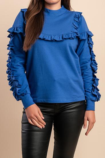 Bombažna bluza z volančki, modra