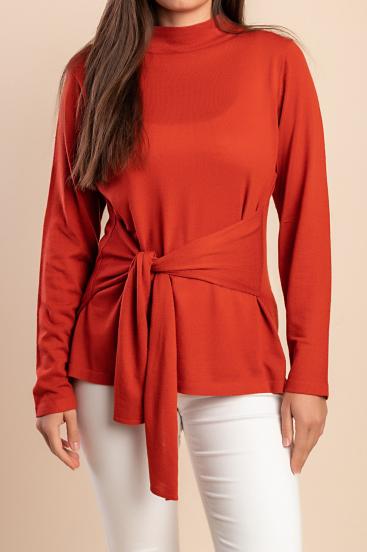 Plus size pletena majica z okrasnim vozlom, opečnata