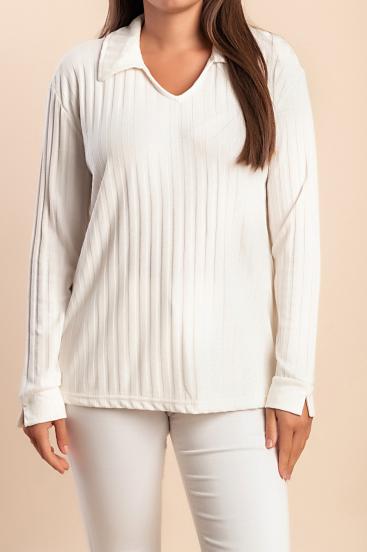 Plus size majica z ovratnikom, bela