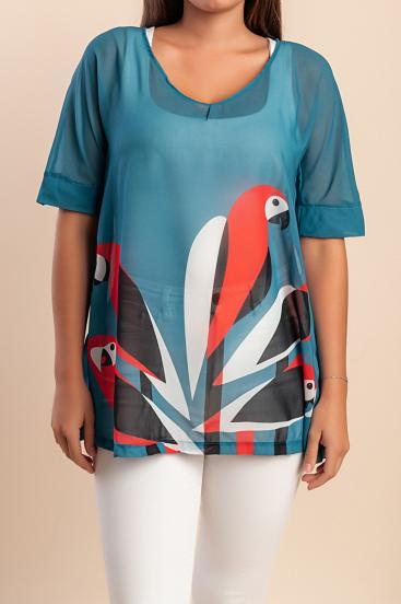 Prosojna bluza s potiskom, modra