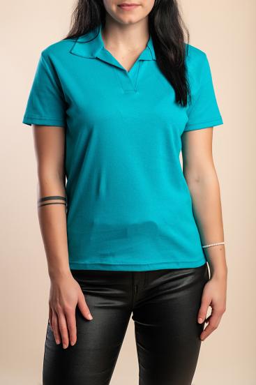 Plus size bombažna majica z ovratnikom, turkizna