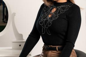 Eleganten pulover z okrasnim detajlom Sunna, črn