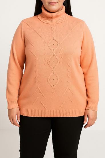 Plus size pulover z visokim ovratnikom, mareličen