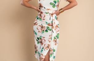 Elegantna midi obleka s cvetličnim potiskom, zelena