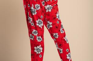Dolge bombažne hlače s cvetličnim potiskom, rdeče
