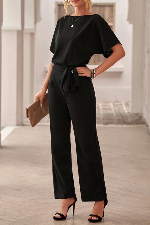 Modni kombinezon s širokimi dolgimi hlačnicami in kratkimi rokavi Nelia, črn